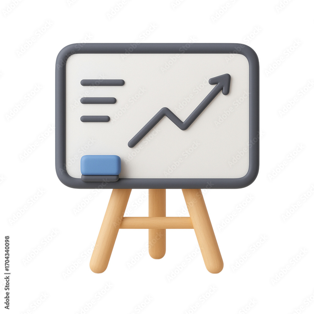 Poster 3d render of a whiteboard on an easel displaying an upward trending graph and bullet points chart da