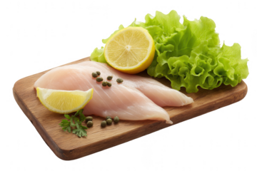 raw chicken fillet on a wooden board, png