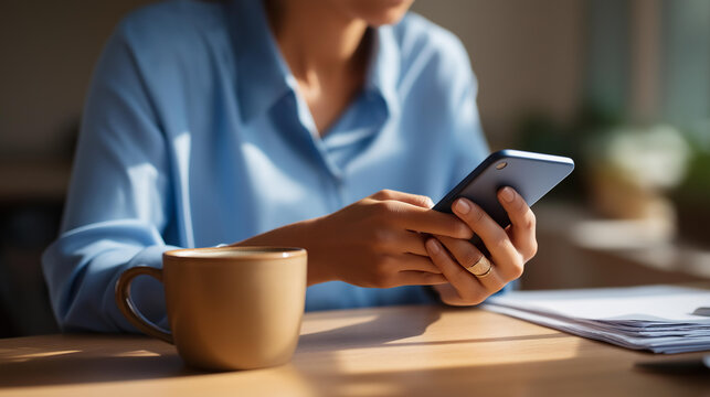 A woman uses a smartphone for tax return calculations filling out VAT forms online her desk with financial documents and a coffee mug sunlight streaming in tax return