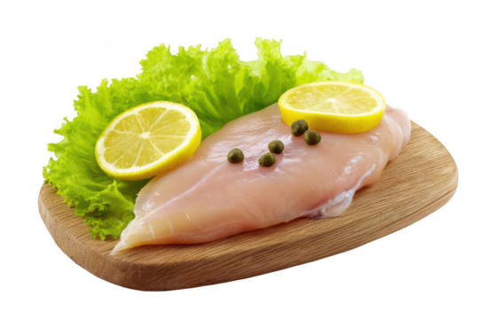 raw chicken fillet on a wooden board, png