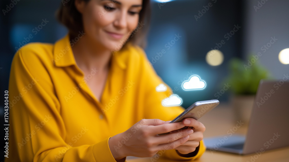 Poster a woman uses a smartphone for cloud database backup icons of secure storage glowing her desk with a 