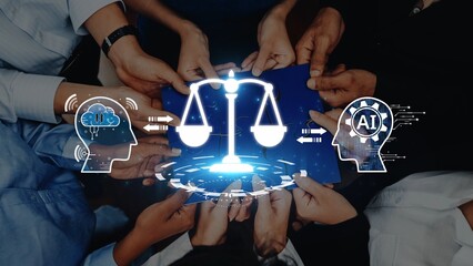 Diverse hands gather around a central graphic of scales, representing justice, intertwined with...