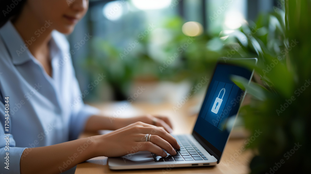 Poster a businesswoman uses a laptop with a cybersecurity interface a digital padlock securing folders her 