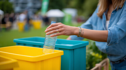 A woman places a plastic bottle into a recycling box in a park bins for glass and paper nearby the grass vibrant a cleanup event in the background recycling management sustain
