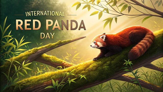 International Red Panda Day, Striking photorealistic artistic red panda in glowing magical bamboo forest - Powered by Adobe