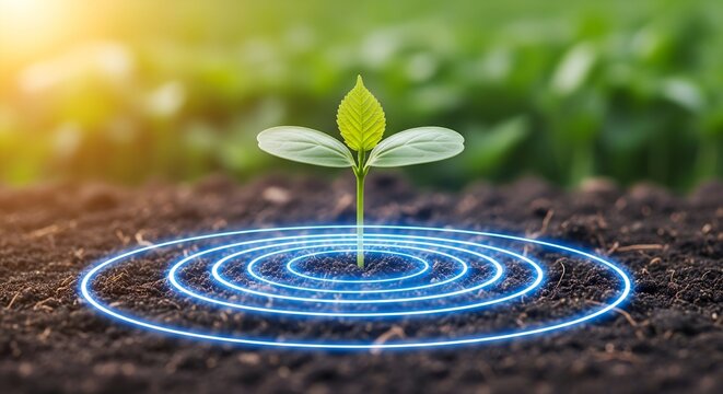 Young green seedling growing from soil with glowing blue concentric circles radiating outwards