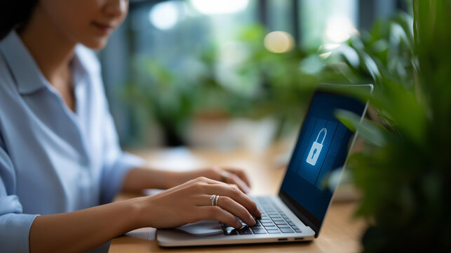 A businesswoman uses a laptop with a cybersecurity interface a digital padlock securing folders her office with a secure server model and plants cybersecurity protection data