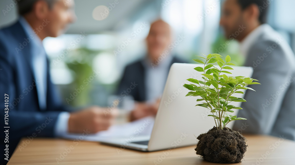 Poster business leaders in a modern office strategize over esg reports discussing net zero carbon goals lap