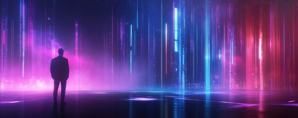 A silhouetted figure stands in a vibrant, futuristic environment filled with colorful vertical light streams and a misty atmosphere.