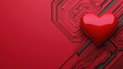A glossy red heart is centered on a vibrant red background with intricate circuit patterns, symbolizing the fusion of technology and emotion.