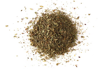 Dried and chopped basil spice pile isolated on white background, clipping path, top view