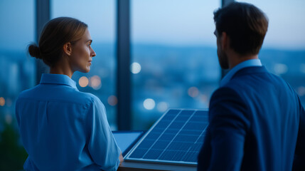 Corporate executives in a sleek office analyze ESG sustainability frameworks pointing at renewable energy charts a digital tablet glowing with data a city view through floor to