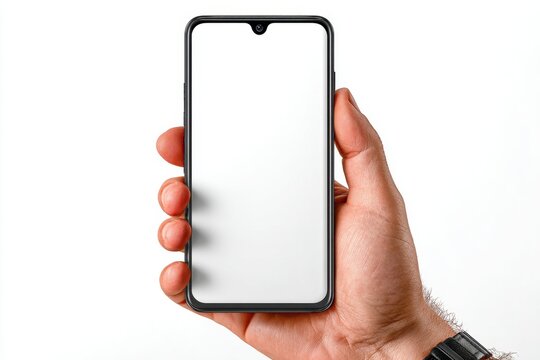 African american man's hand holding a mobile telephone with a blank white screen for mock up and display, studio shot against a white background