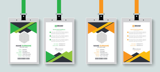 Abstract creative office employee id card or identity card design layout with green and yellow color. Creative style corporate business identification card, staff card.
