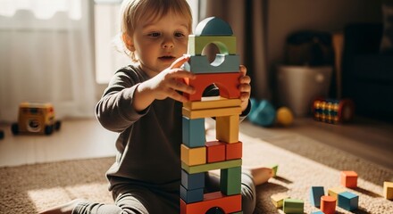 Toddler stacking colorful wooden blocks on the floor at home