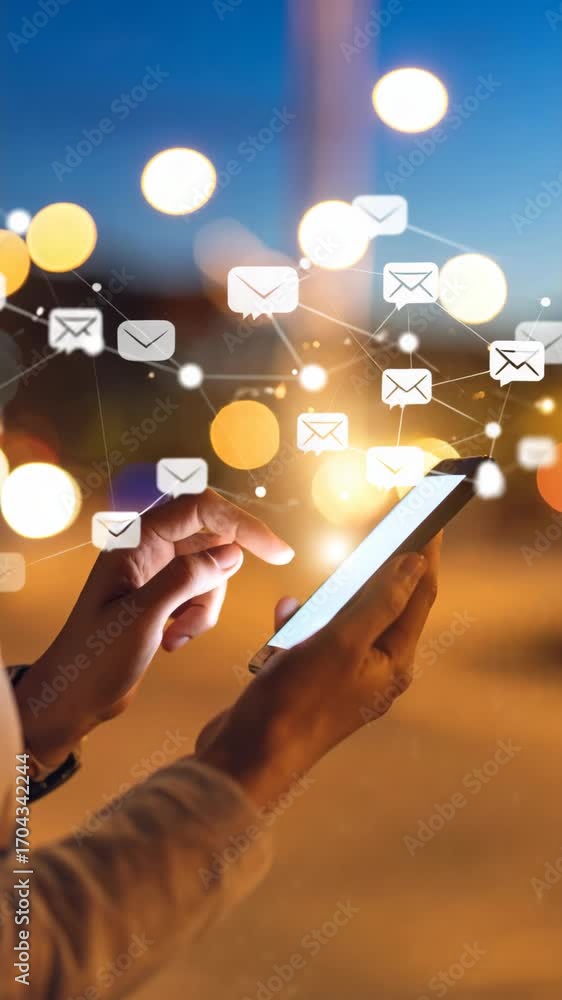Poster person using smartphone to send and receive email with digital network and glowing orbs visual repre