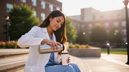Young hispanic female enjoying coffee in urban park setting for relaxation and inspiration