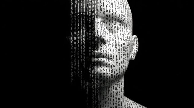head with binary code background