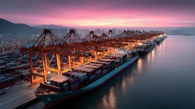 Container Cargo Ship Docking at Port for Loading and Unloading