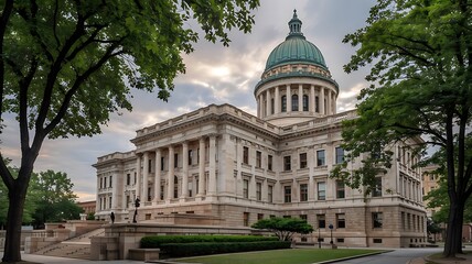 Obraz premium Stately Capitol Building with Classical Columns, Large Dome, Light Beige Stone Facade, Green Trees, and Cloudy Overcast Sky