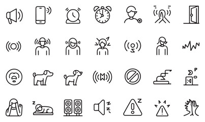 Outline line art icons of anxiety, panic, headache, and noise hazard for health, environment, and workplace safety