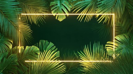 tropical frame with golden neon glow in dark green