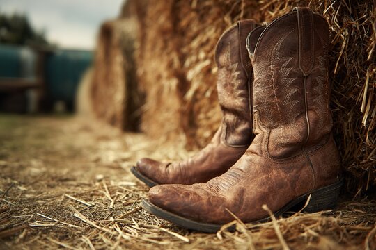 Cowboy boots resting on hay bale