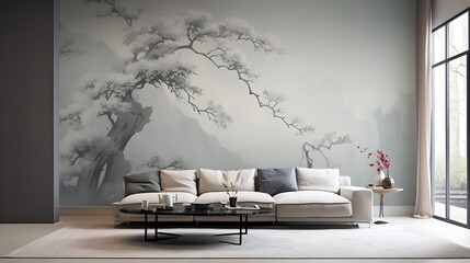Elegant living room with a serene mural of misty trees creates a calming atmosphere space