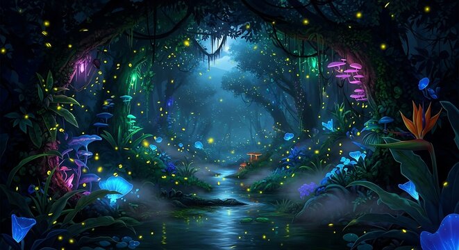 A glowing, vibrant forest path winds through a mystical, nighttime jungle teeming with bioluminescent flora and fauna.