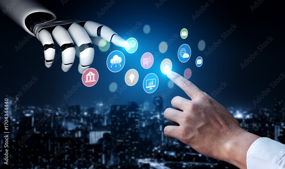 Poster ai assists in organizing and visualizing a digital ecosystem of business icons to represent key serv