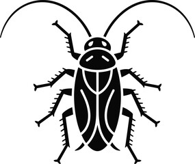 Black silhouette of cockroach insect, vector pest illustration, isolated bug graphic, detailed roach clipart, creepy pest control design