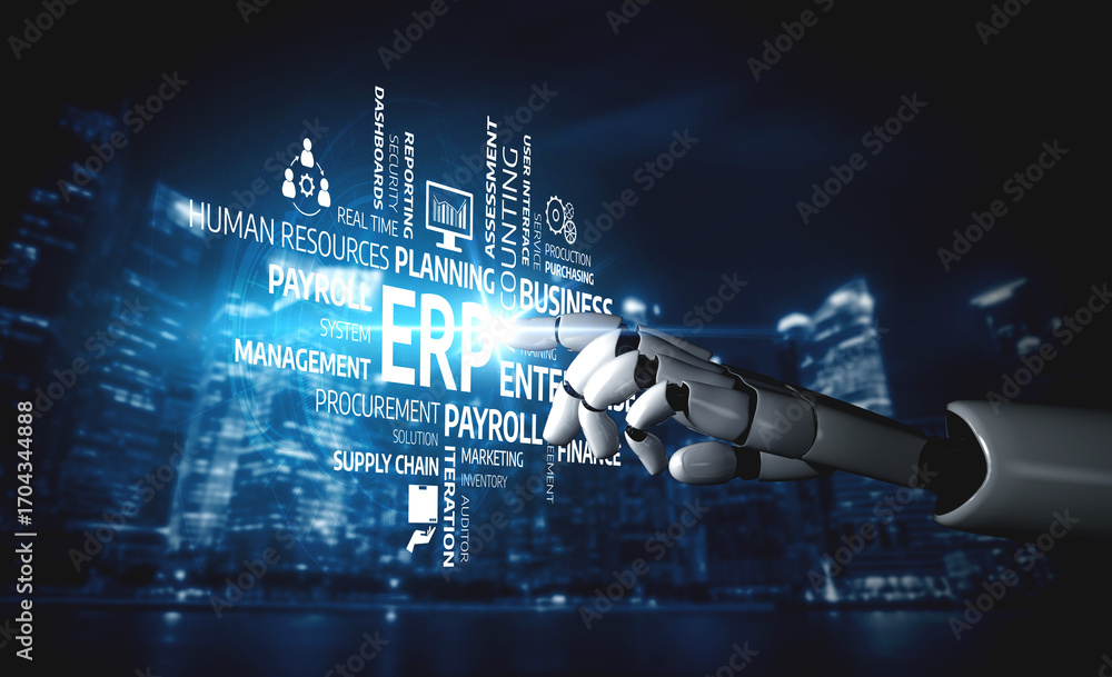 Poster a futuristic robot hand reaching out towards illuminated business terms in a modern cityscape at nig