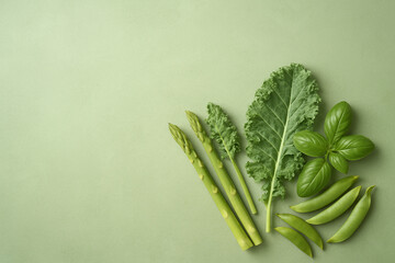 Vibrant Green Produce Flat Lay: Asparagus, Kale, Basil, Peas, Healthy Eating Concept