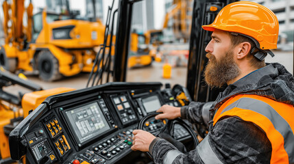 Construction worker operates heavy machinery at job site