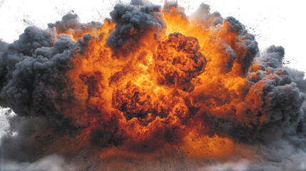 Obraz premium A dramatic explosion with bright flames and dark smoke, isolated on transparent background, capturing the raw power and destructive force of a sudden detonation