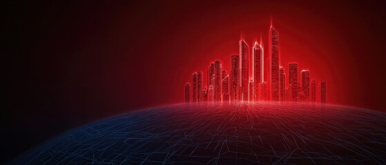 A futuristic city skyline illuminated in red against a dark background, showcasing a digital network overlay.