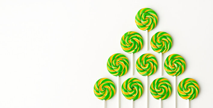 Multicolored yellow and green lollipops twisted into a circle are arranged in a triangle on a white background with space for text. Holiday greeting made of candies in the shape of a Christmas tree.