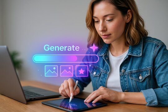 A woman is using a digital tablet with a laptop on desk, with the word Generate on the screen