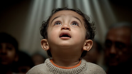 Child gazes upwards in wonder during a contemplative gathering at a community hall in the evening