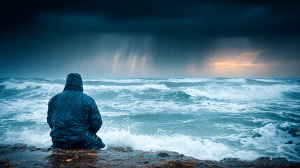 Stormy sea and solitary figure at dusk near rocky shore during heavy rain in a coastal area