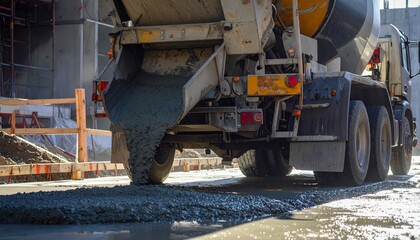 Close-up cinematic view of a concrete dump truck pouring concrete onto the ground for structural foundation, captured with slow forward panning, dramatic lighting, heavy machinery, construction site