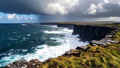 Dramatic coastal cliffs meet stormy ocean