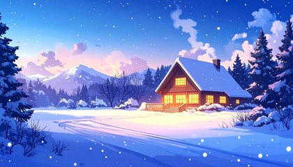 Fototapeta premium Cozy winter cabin in snowy forest at dawn