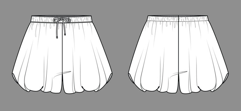 Vector mini bubble hem skirt fashion CAD, balloon woman skort with frill detail sketch, template, flat, technical drawing. Jersey or woven fabric 2 pcs set of short with front, back view, white color