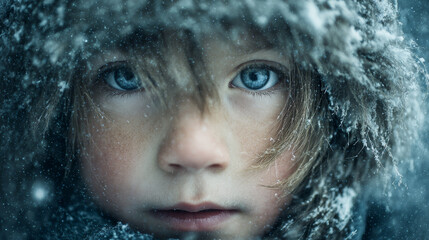 Captivating close-up of a child with striking blue eyes in a snowy winter setting