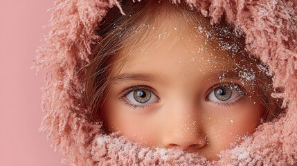 Sweet child with sparkling eyes wearing fluffy pink winter hood surrounded by soft snowflakes