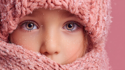 Young girl with big eyes wearing a pink knitted hat and scarf in snowy weather during winter season