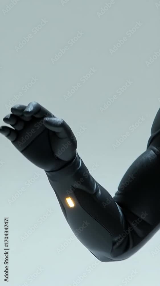 Poster futuristic robotic arm showcases sleek design and glowing indicator, featuring textured surface that