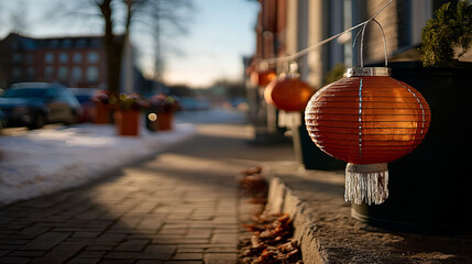 Decorative lanterns illuminate a winter street at sunset, creating a warm and inviting atmosphere for passersby