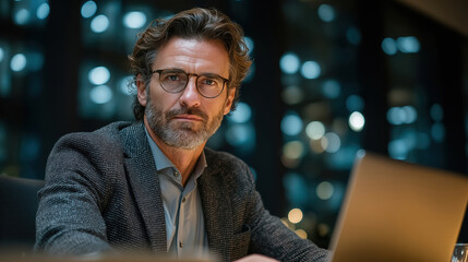 Professional man working late at his desk in a modern office